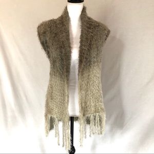 BostonProper Long Cozy Fuzzy Fringe Long Ombré Vest Brown Taupe Tan NEW